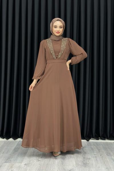 Funda Önü Taşlı Şifon Abiye Tesettür Kahverengi