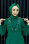 Funda Önü Taşlı Şifon Abiye Tesettür Zümrüt