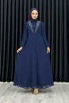 Funda Önü Taşlı Şifon Abiye Tesettür Lacivert