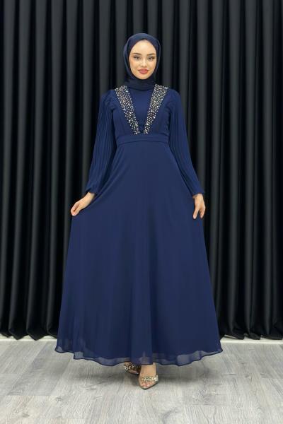 Funda Önü Taşlı Şifon Abiye Tesettür Lacivert