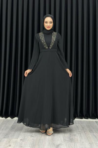 Funda Önü Taşlı Şifon Abiye Tesettür Siyah