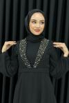 Funda Önü Taşlı Şifon Abiye Tesettür Siyah