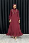 Funda Önü Taşlı Şifon Abiye Tesettür Bordo