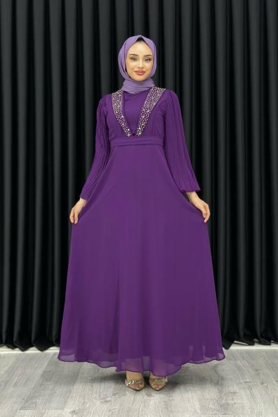 Funda Önü Taşlı Şifon Abiye Tesettür Mor