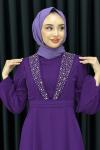 Funda Önü Taşlı Şifon Abiye Tesettür Mor
