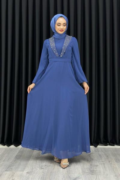Funda Önü Taşlı Şifon Abiye Tesettür Mavi