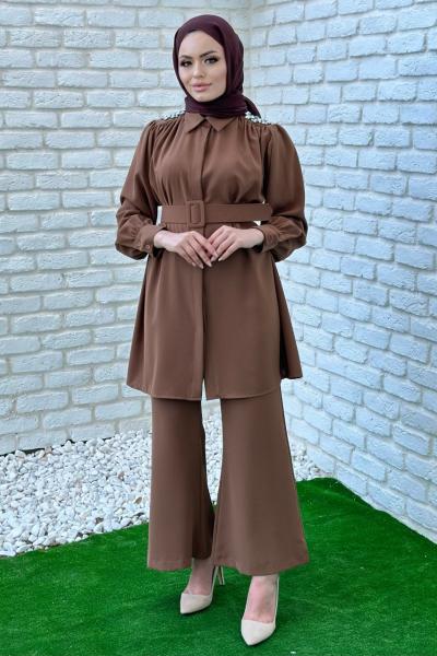 Gönül Pantolonlu Takım Tesettür Kahverengi