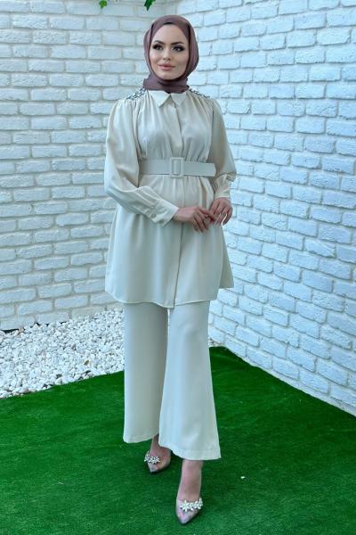 Gönül Pantolonlu Takım Tesettür Taş Rengi