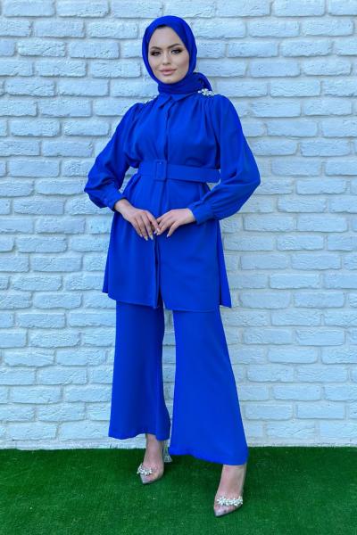 Gönül Pantolonlu Takım Tesettür Saks Mavisi