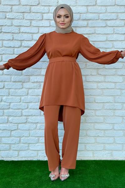 Rana Kolları Piliseli Pantolonlu Takım Tesettür Taba