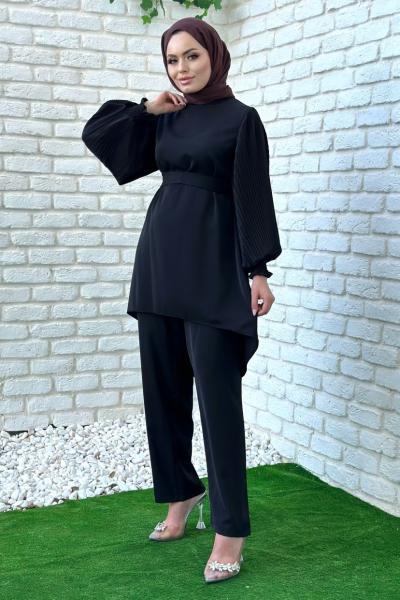 Rana Kolları Piliseli Pantolonlu Takım Tesettür Siyah