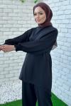 Rana Kolları Piliseli Pantolonlu Takım Tesettür Siyah