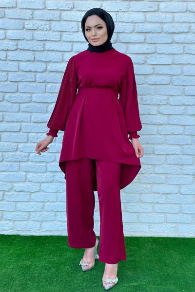 Rana Kolları Piliseli Pantolonlu Takım Tesettür Bordo