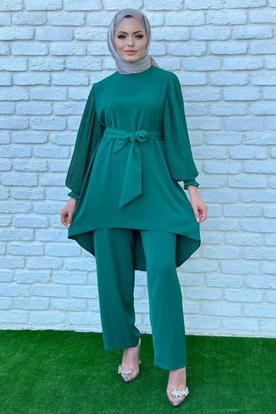 Rana Kolları Piliseli Pantolonlu Takım Tesettür Yeşil