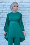 Rana Kolları Piliseli Pantolonlu Takım Tesettür Yeşil