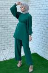 Rana Kolları Piliseli Pantolonlu Takım Tesettür Yeşil