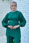 Rana Kolları Piliseli Pantolonlu Takım Tesettür Yeşil