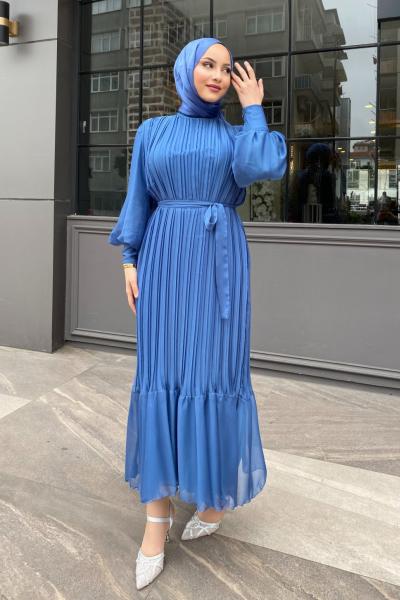 Ebru Piliseli Jan Jan Abiye Tesettür Gök Mavi