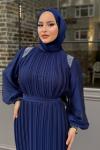 Sema Taş Detaylı Abiye Tesettür Lacivert
