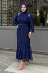Sema Taş Detaylı Abiye Tesettür Lacivert