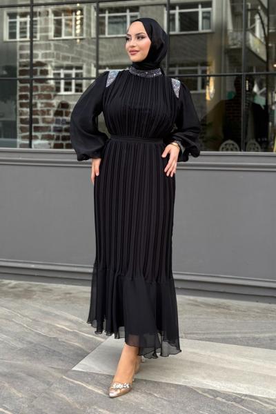 Sema Taş Detaylı Abiye Tesettür Siyah
