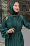 Sema Taş Detaylı Abiye Tesettür Zümrüt