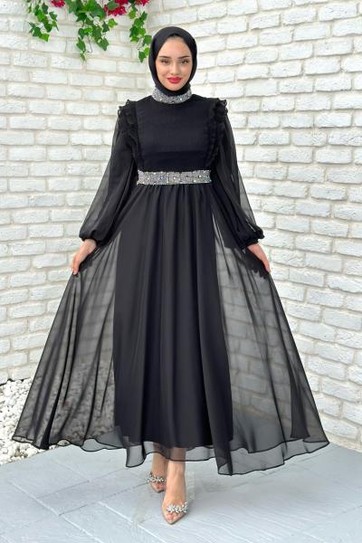 Zerda Taş Detaylı Abiye Tesettür Siyah