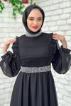 Zerda Taş Detaylı Abiye Tesettür Siyah