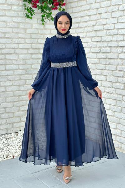 Zerda Taş Detaylı Abiye Tesettür Lacivert
