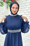 Zerda Taş Detaylı Abiye Tesettür Lacivert