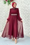 Zerda Taş Detaylı Abiye Tesettür Bordo