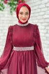 Zerda Taş Detaylı Abiye Tesettür Bordo