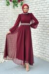 Zerda Taş Detaylı Abiye Tesettür Bordo