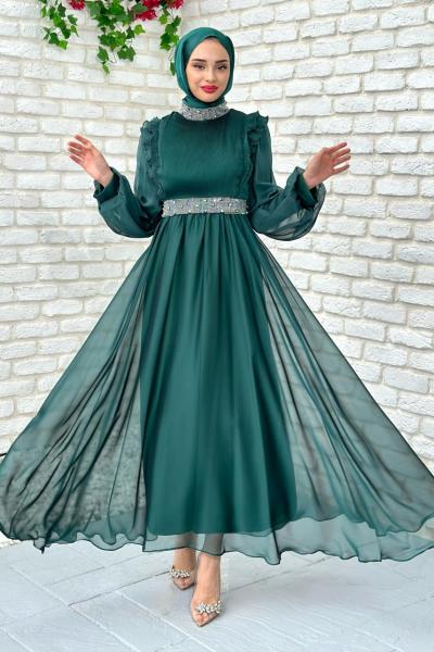 Zerda Taş Detaylı Abiye Tesettür Zümrüt