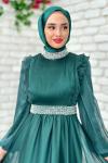 Zerda Taş Detaylı Abiye Tesettür Zümrüt