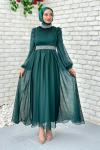 Zerda Taş Detaylı Abiye Tesettür Zümrüt