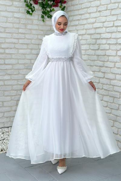 Zerda Taş Detaylı Abiye Tesettür Beyaz