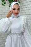 Zerda Taş Detaylı Abiye Tesettür Beyaz