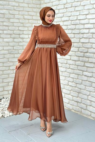 Zerda Taş Detaylı Abiye Tesettür Tarçın