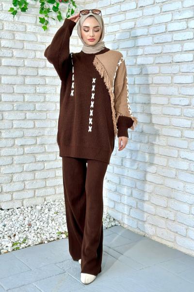 Zeren Triko Takım Tesettür Kahverengi