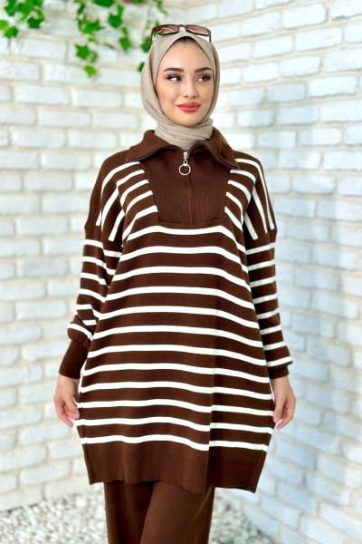Çiğdem Çizgili Triko Takım Kahverengi