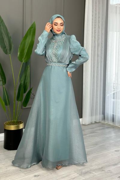 Bağde Abiye Tesettür Su Yeşili