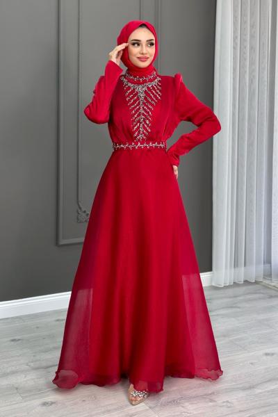 Bağde Abiye Tesettür Kırmızı