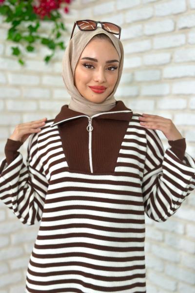 Gaye Çizgili Triko Tesettür Kahverengi