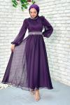 Zerda Taş Detaylı Abiye Tesettür Mor