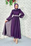 Zerda Taş Detaylı Abiye Tesettür Mor