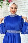 Zerda Taş Detaylı Abiye Tesettür Saks Mavisi
