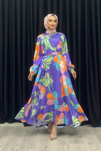 Esra Desenli Saten Elbise Mor