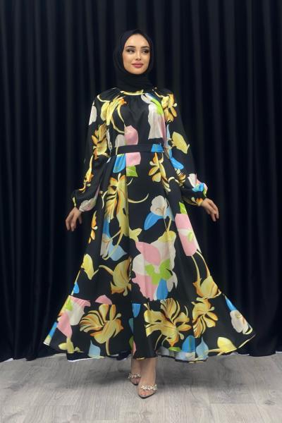 Esra Desenli Saten Elbise Siyah