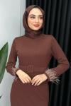 Çağla Kolu Tüylü Elbise Kahverengi